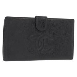CHANEL Long Wallet Caviar Skin Black Gold CC Auth bs31972